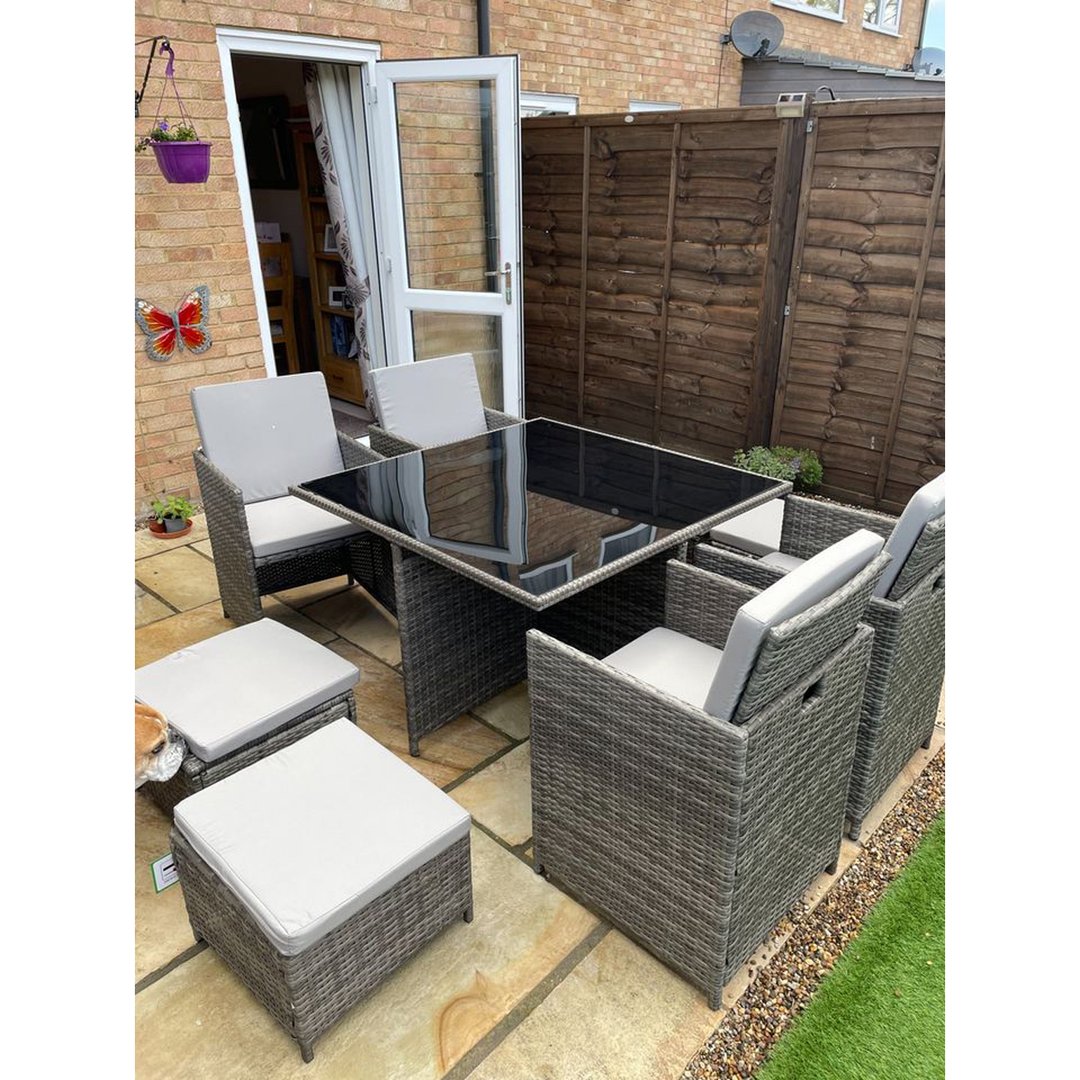 RayGar Deluxe 9 Piece 8 Seater Rattan Cube Dining Table Garden Furniture Patio Set (Grey/Grey)