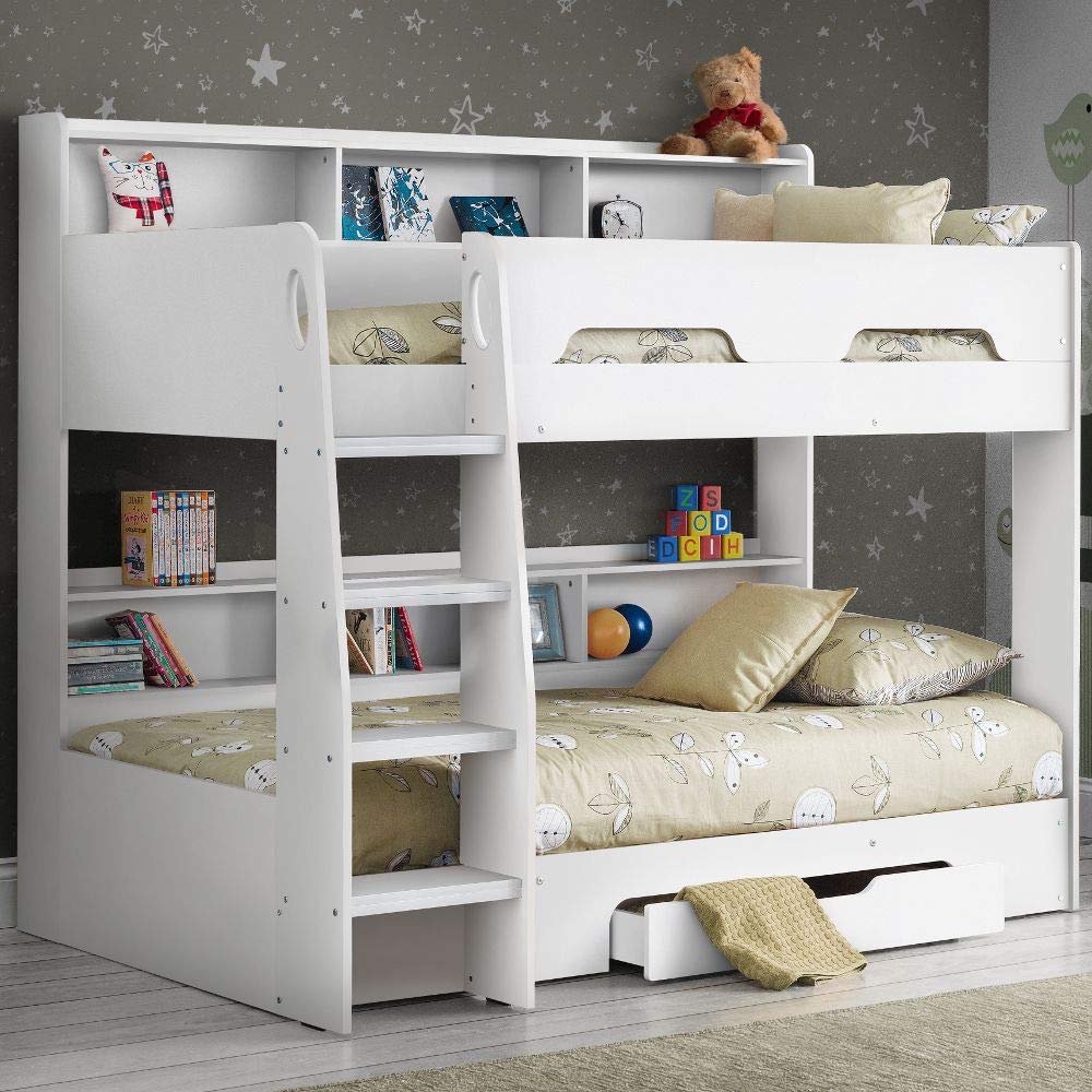 【Furniture】Wooden Bunk Bed with Underbed Storage Drawer, Modern Twin Sleeper with 2 Pocket Sprung Mattresses