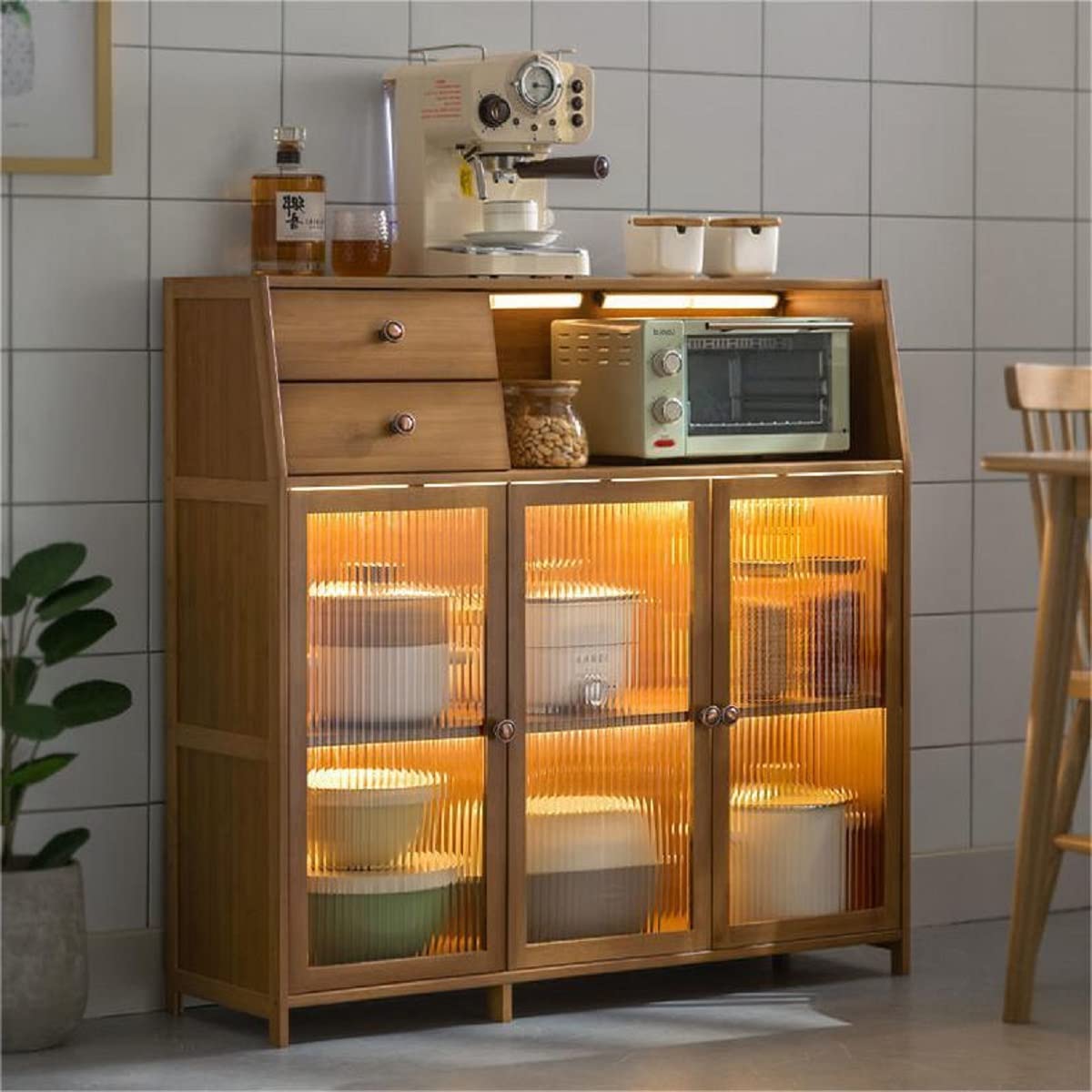 【Furniture】Natural Bamboo Buffet Sideboard Cabinet, 39 Inch Kitchen Sideboard Cabinet with 3 Doors