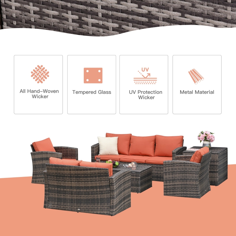 【Furniture】6 PCS Outdoor Patio Furniture Sets, PE Rattan Wicker Sofa Furniture Conversation Sets