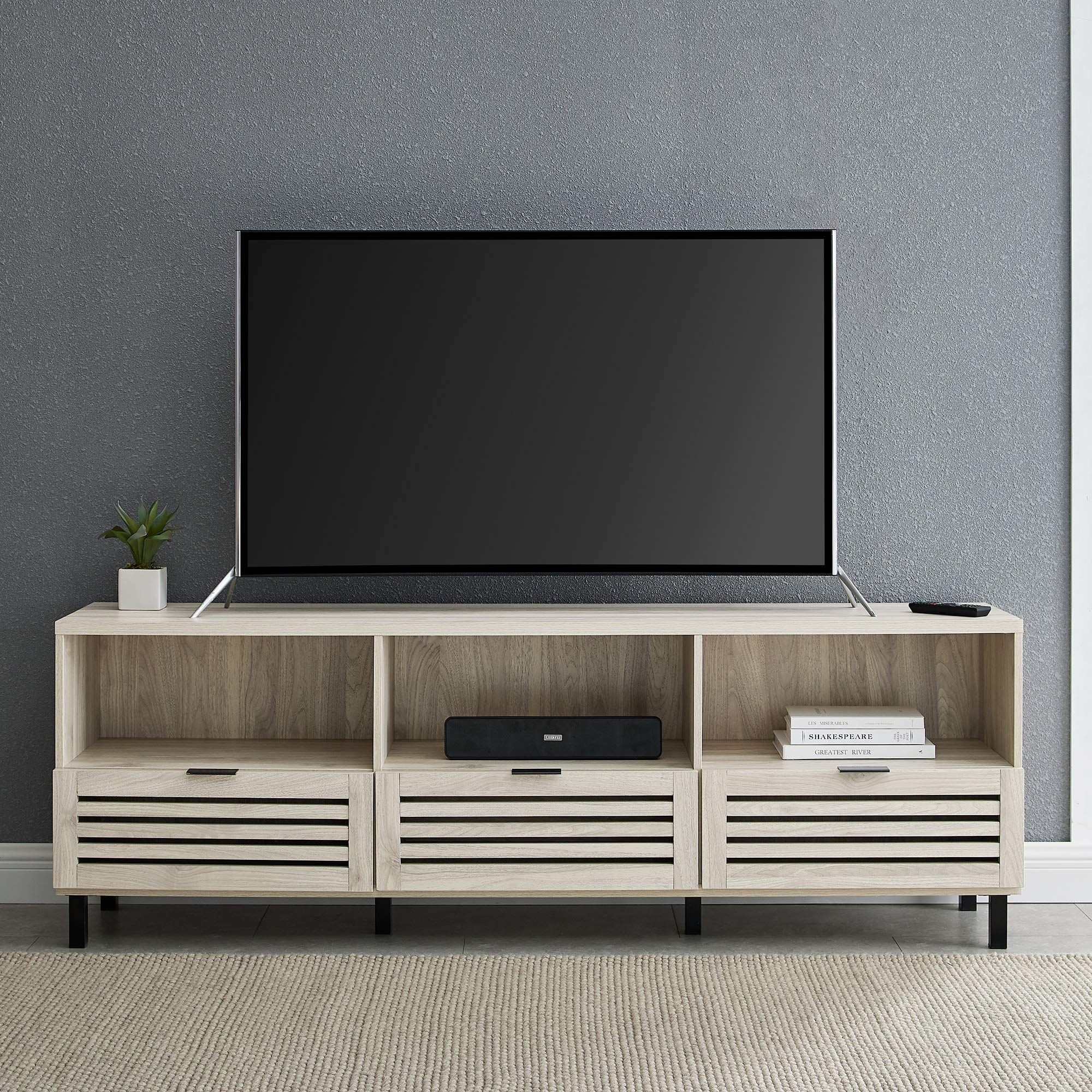 【Furniture】Modern Slatted Wood TV Stand for TV's up to 80