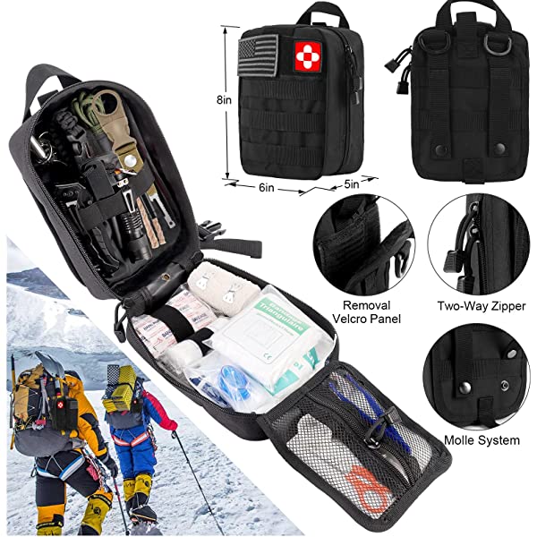 Emergency Survival Kit First Aid Kit, 121Pcs Tactical Gear Camping Gear Emergency Supplies with MOLLE Pouch, Stocking Stuffers for Men Camping Hiking Hunting Outdoor Adventure
