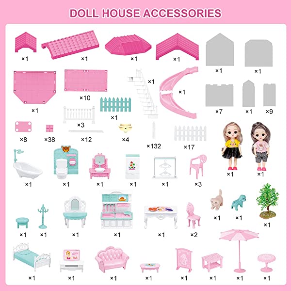 Doll House Kit,Dollhouse with Lights, Slide, Pets and Dolls, DIY Pretend Play Building Playset Toys with Asseccories and Furniture, Princess House for Toddlers, Kids Boy & Girl (11 Rooms)