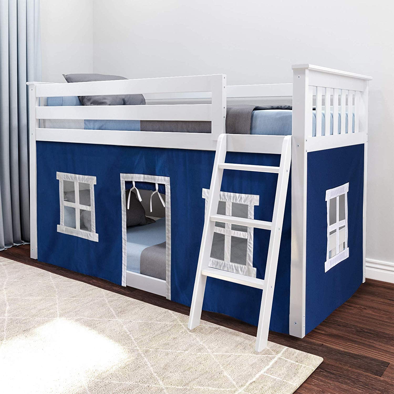 【Furniture】【BS】Low Bunk Bed, Twin-Over-Twin Bed Frame for Kids with Curtains for Bottom, Clay/Blue