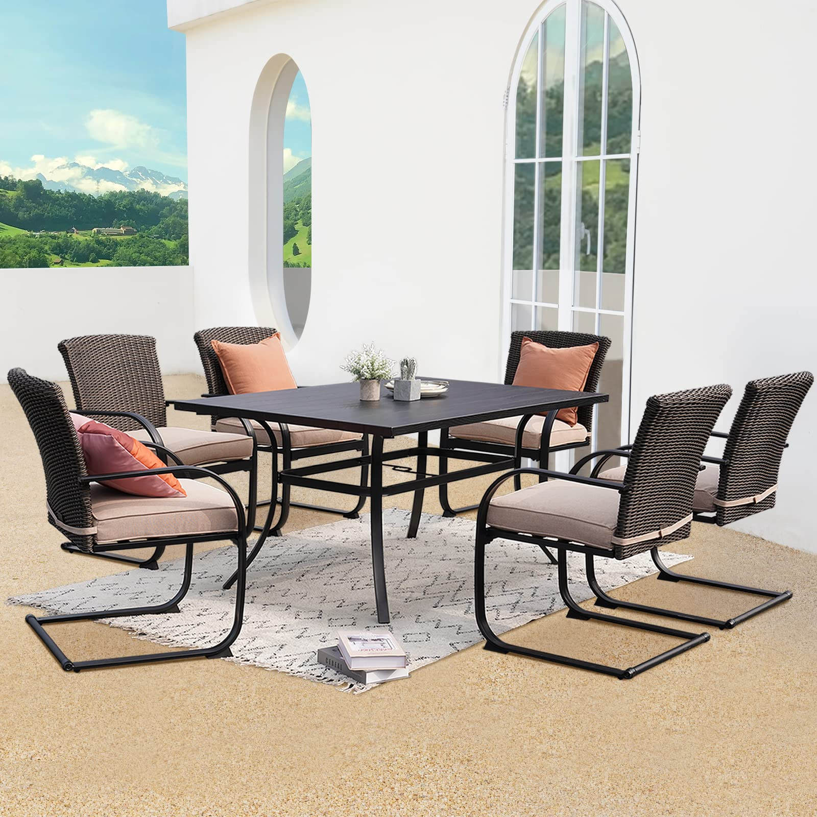 【Furniture】Outdoor 7 Pcs Dining Table Set, Modern Woodgrain-Look Metal Table & Wicker Chairs for 6