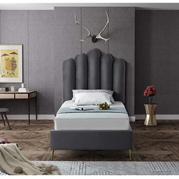 Meridian Furniture Lily Collection Modern | Contemporary Velvet Upholstered Bed with Deep Channel Tufting and Custom Gold Steel Legs, Queen, Cream Cream Queen