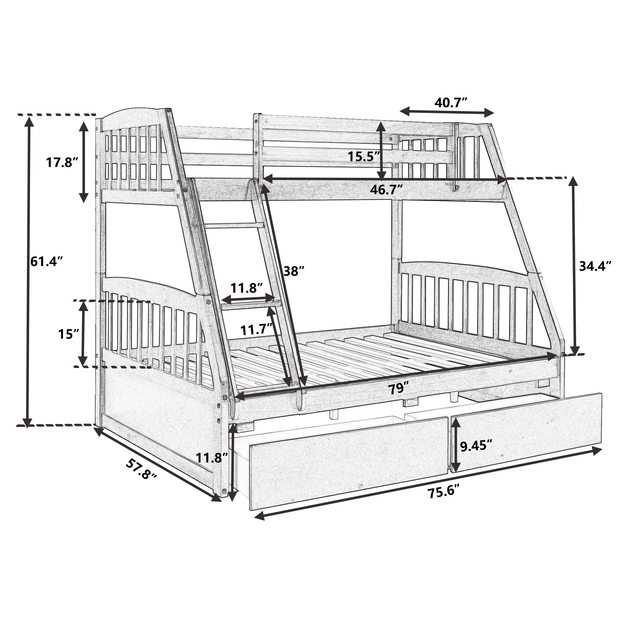 【Furniture】Solid Wood Bunk Bed Frames No Box Spring Needed with Saftey Guard Rails & Storage Drawers