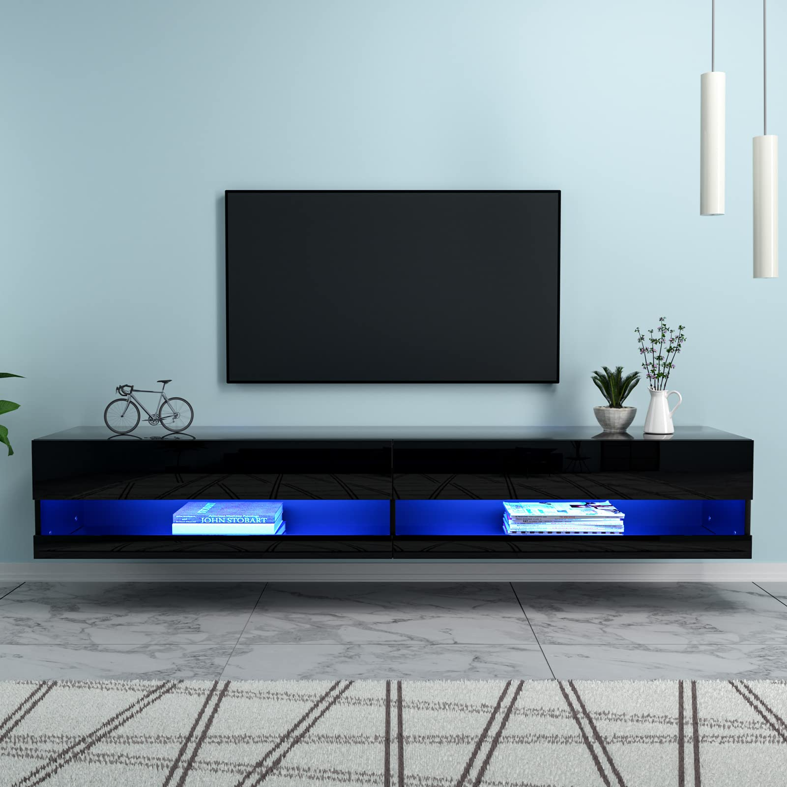 【Furniture】Floating TV Stand for TVs Up to 85 inch, 70 inch Wall Mounted Haning TV Stand with LED Lights