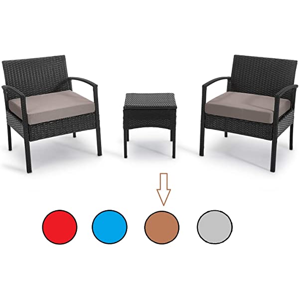 PROHIKER 3 PCS Patio Rattan Conversation Chair Set, 3 PCS Patio Wicker Rattan Furniture Set, Patio Wicker Rattan Table Brown