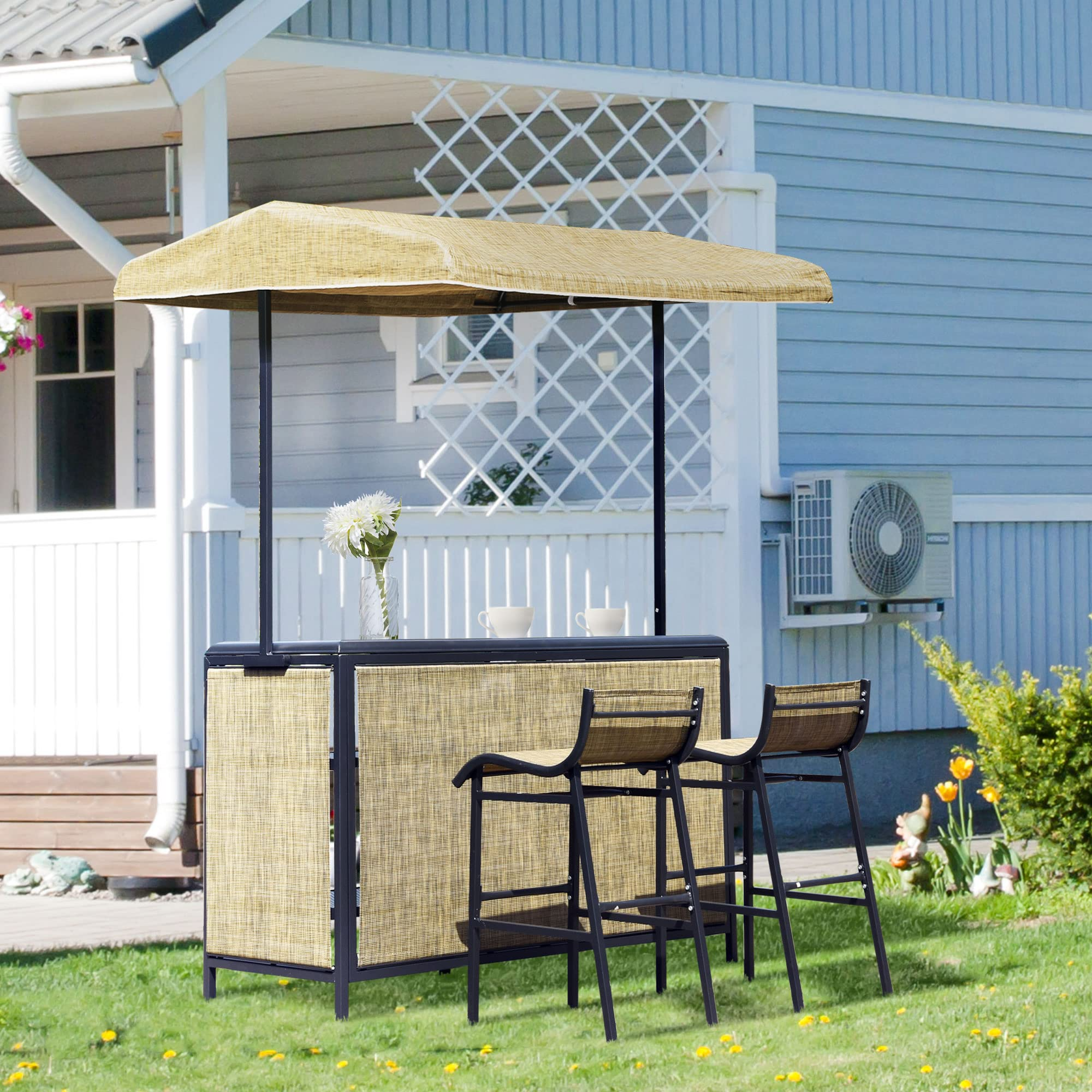 【Home&Garden】3 Pcs Outdoor Bar Set for 2 with Canopy, Rectangular Table with Storage Shelves & 2 Bar Chairs