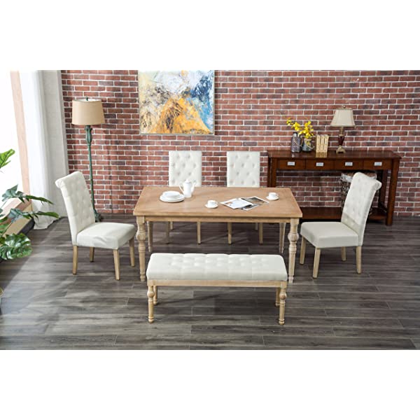 Roundhill Furniture Habitanian 6-Piece White Wash Dining Set with Tufted Chairs and Bench, Beige