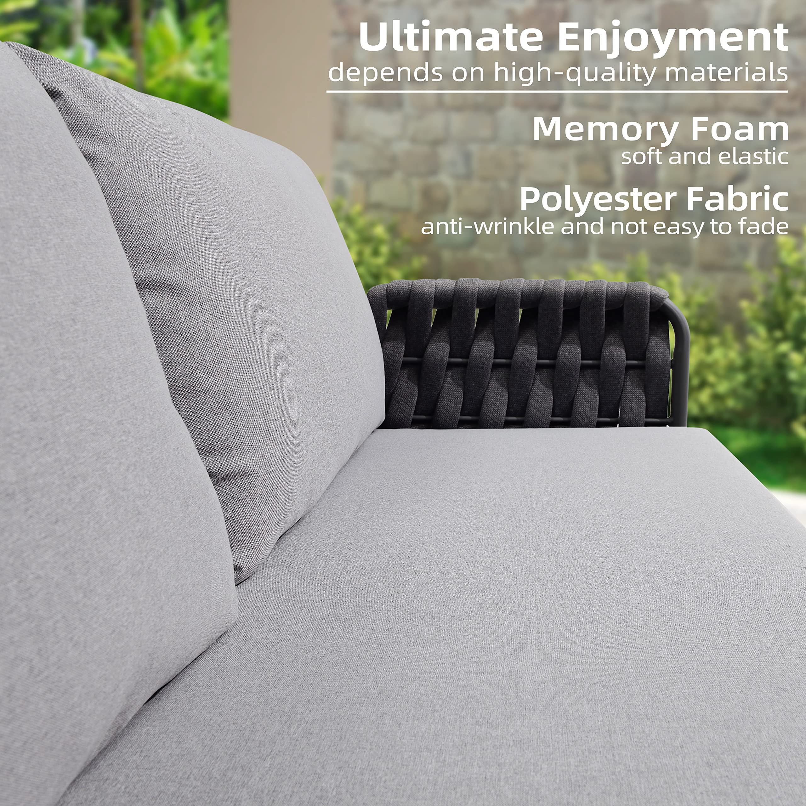 【Furniture】Patio Conversation Set 4 Pcs Aluminum Frame Rope Outdoor Furniture with Coffee Table & Cushions