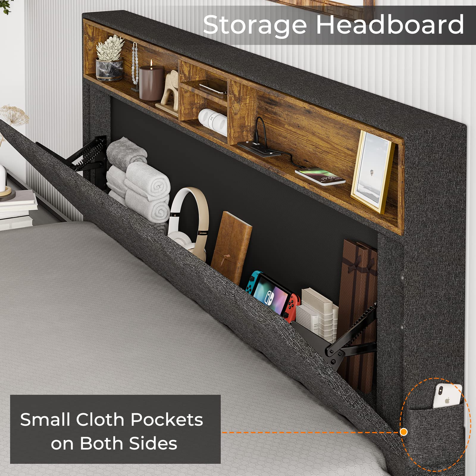 【Furniture】Queen Bed Frame with USB Ports and Outlets, Upholstered Platform Bed with Storage Headboard