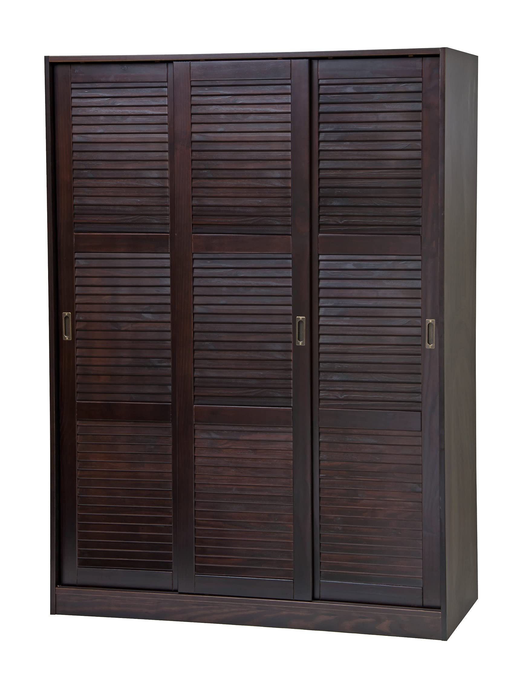 【Furniture】100% Solid Wood Wardrobe with 3 Sliding Louvered Doors, 5 Shelves Included