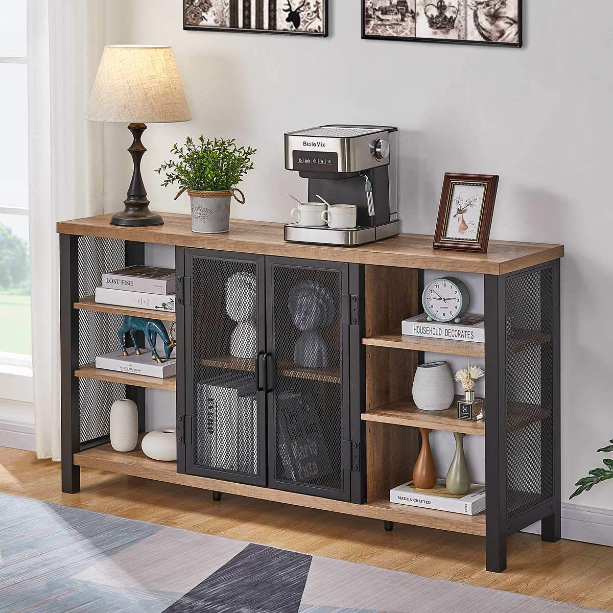 【Furniture】Industrial Wine Bar Cabinet for Liquor & Glasses, Farmhouse Wood Coffee Bar Cabinet with Wine Rack