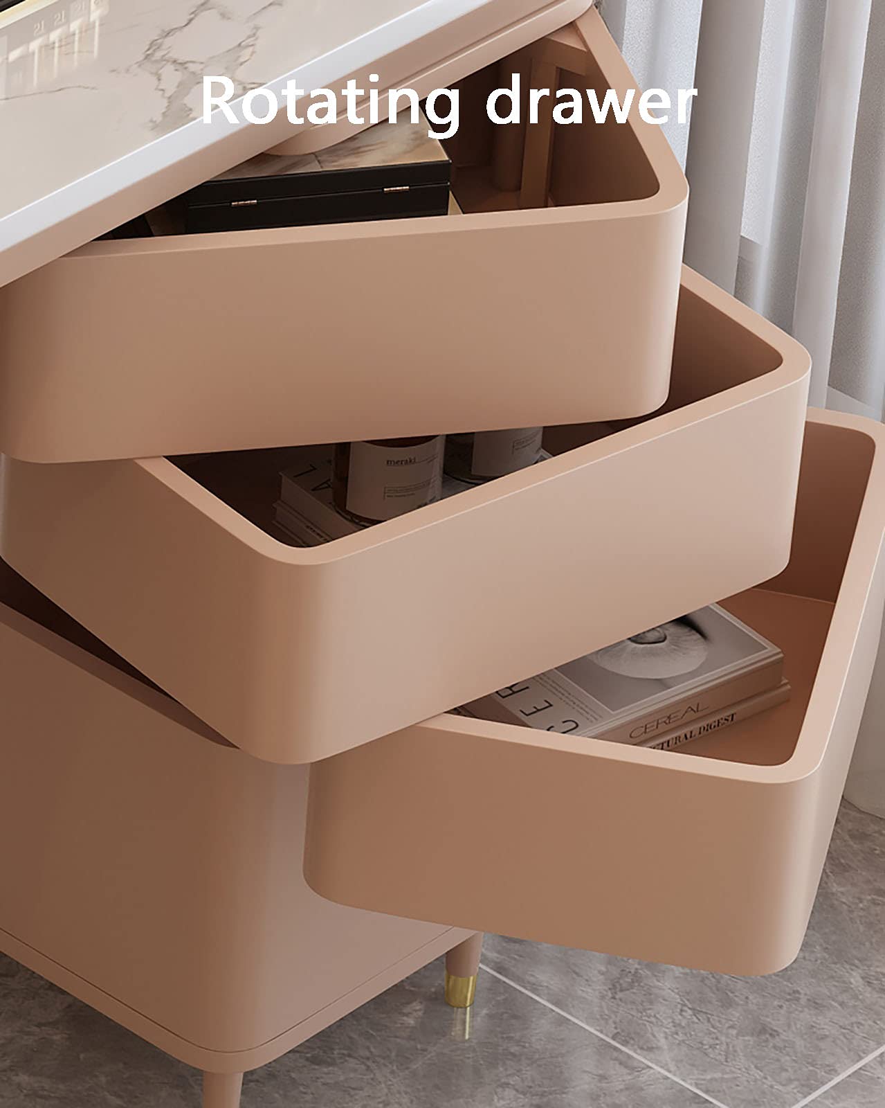 【Furniture】Light Luxury Vanity Set, Makeup Dressing Table with Mirror, 5 Large Drawers & Cushioned Stool