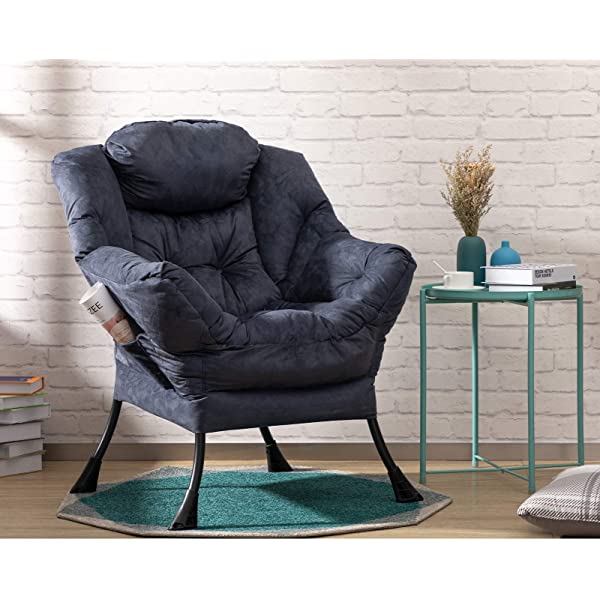 AbocoFur Modern Large Cotton Fabric Lazy Chair,Accent Contemporary Lounge Chair, Single Steel Frame Leisure Sofa Chair with Armrests and A Side Pocket, Beige