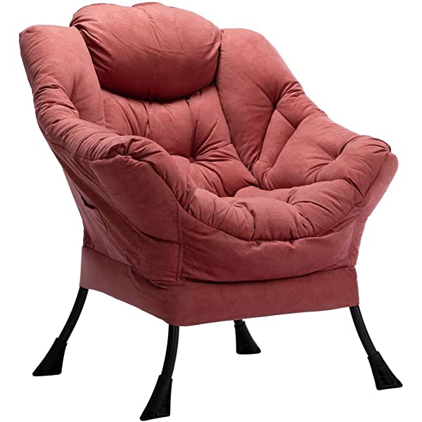 AbocoFur Modern Large Cotton Fabric Lazy Chair,Accent Contemporary Lounge Chair, Single Steel Frame Leisure Sofa Chair with Armrests and A Side Pocket, Beige