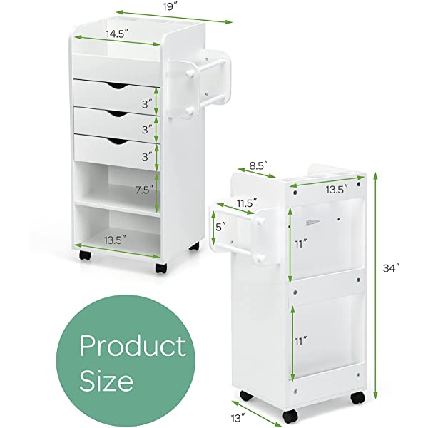 Tangkula Rolling Storage Drawer Cart, Wooden Utility Cart w/ 3 Drawers, 3 Shelves, 3 Slots and 2 Dowels, Organizer Cabinet w/ Lockable Casters, Mobile Cart for Study, Living Room, Office, White