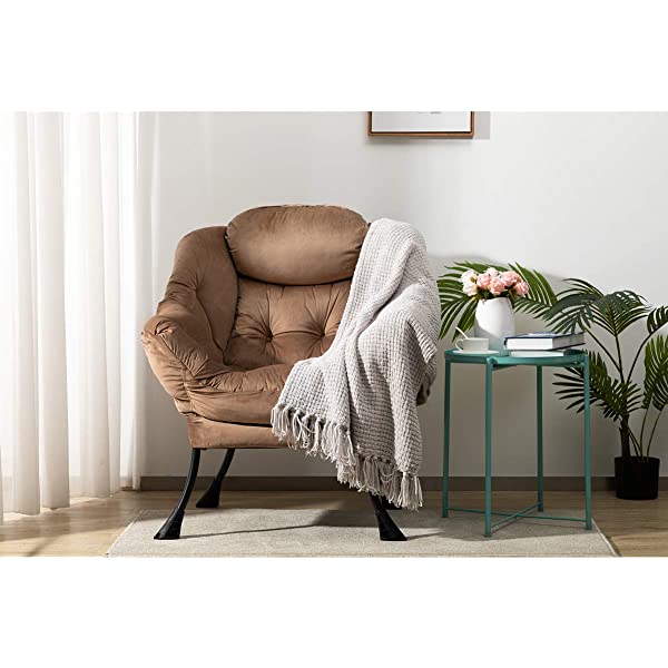 AbocoFur Modern Large Cotton Fabric Lazy Chair,Accent Contemporary Lounge Chair, Single Steel Frame Leisure Sofa Chair with Armrests and A Side Pocket, Beige