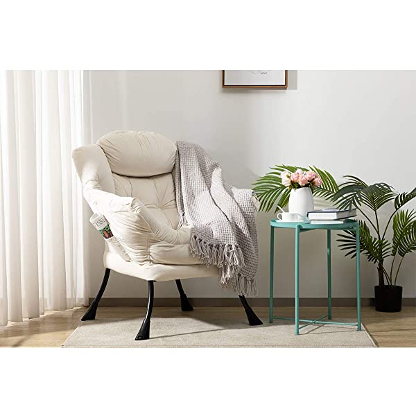 AbocoFur Modern Large Cotton Fabric Lazy Chair,Accent Contemporary Lounge Chair, Single Steel Frame Leisure Sofa Chair with Armrests and A Side Pocket, Beige