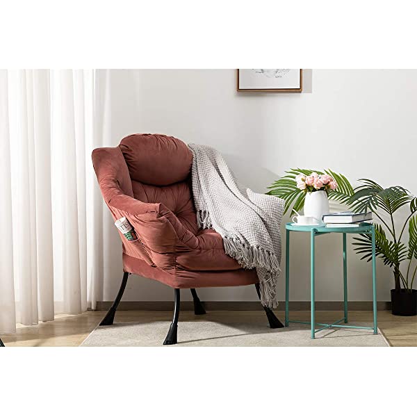 AbocoFur Modern Large Cotton Fabric Lazy Chair,Accent Contemporary Lounge Chair, Single Steel Frame Leisure Sofa Chair with Armrests and A Side Pocket, Beige