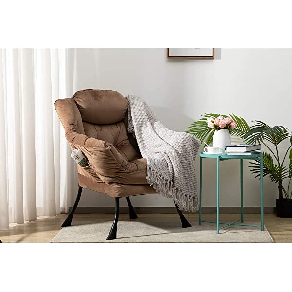 AbocoFur Modern Large Cotton Fabric Lazy Chair,Accent Contemporary Lounge Chair, Single Steel Frame Leisure Sofa Chair with Armrests and A Side Pocket, Beige