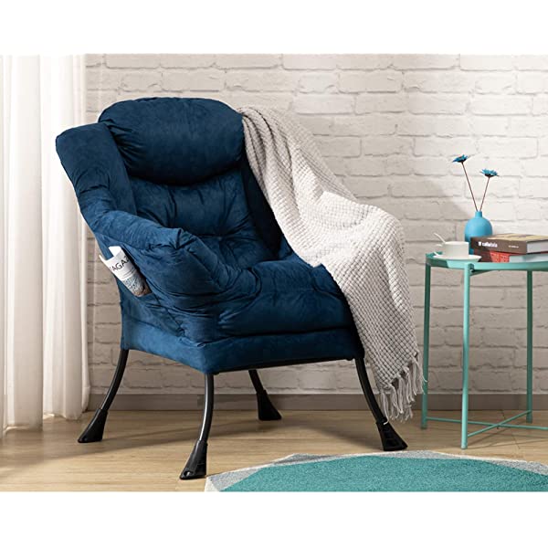 AbocoFur Modern Large Cotton Fabric Lazy Chair,Accent Contemporary Lounge Chair, Single Steel Frame Leisure Sofa Chair with Armrests and A Side Pocket, Beige