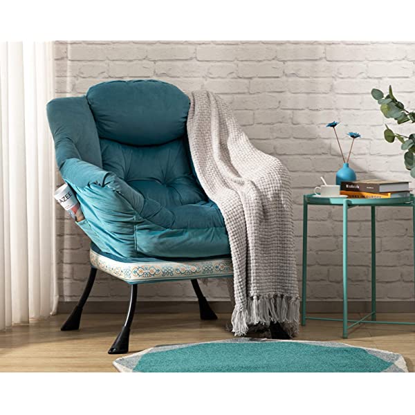 AbocoFur Modern Large Cotton Fabric Lazy Chair,Accent Contemporary Lounge Chair, Single Steel Frame Leisure Sofa Chair with Armrests and A Side Pocket, Beige