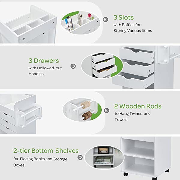 Tangkula Rolling Storage Drawer Cart, Wooden Utility Cart w/ 3 Drawers, 3 Shelves, 3 Slots and 2 Dowels, Organizer Cabinet w/ Lockable Casters, Mobile Cart for Study, Living Room, Office, White