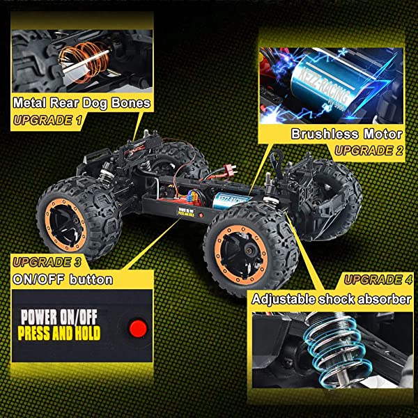 NUOKE Brushless RC Cars 1:16 Scale RTR 60km/h Remote Control Truck High Speed 4WD 2.4Ghz Waterproof Monster Truck with 2 Rechargeable Batteries Offroad Gift for Boys Car for Kids and Adults 1-yellow