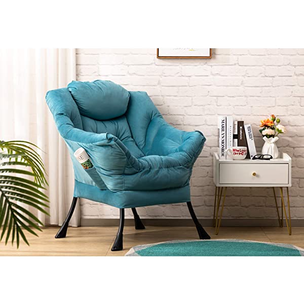 AbocoFur Modern Large Cotton Fabric Lazy Chair,Accent Contemporary Lounge Chair, Single Steel Frame Leisure Sofa Chair with Armrests and A Side Pocket, Beige