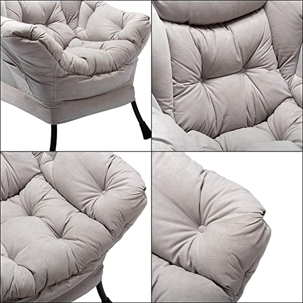 AbocoFur Modern Large Cotton Fabric Lazy Chair,Accent Contemporary Lounge Chair, Single Steel Frame Leisure Sofa Chair with Armrests and A Side Pocket, Beige