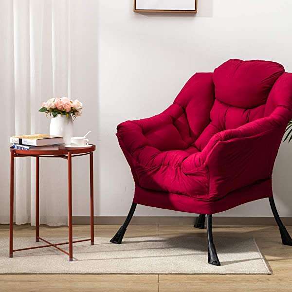 AbocoFur Modern Large Cotton Fabric Lazy Chair,Accent Contemporary Lounge Chair, Single Steel Frame Leisure Sofa Chair with Armrests and A Side Pocket, Beige