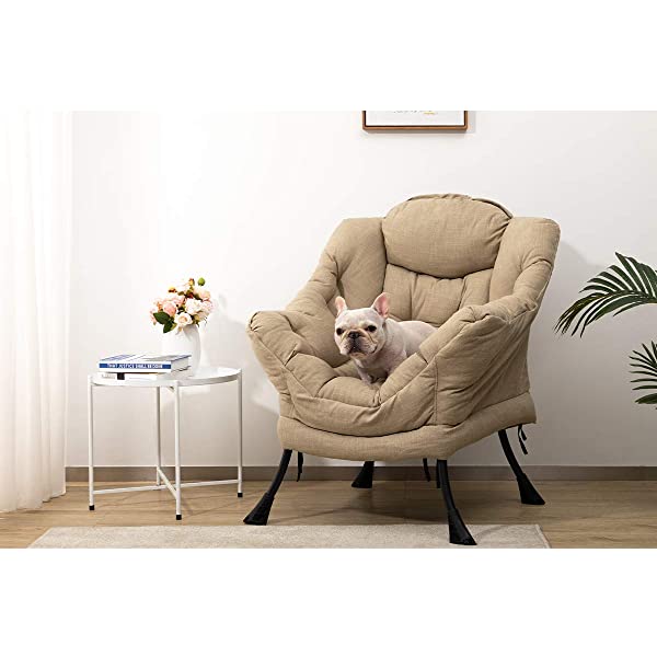 AbocoFur Modern Large Cotton Fabric Lazy Chair,Accent Contemporary Lounge Chair, Single Steel Frame Leisure Sofa Chair with Armrests and A Side Pocket, Beige
