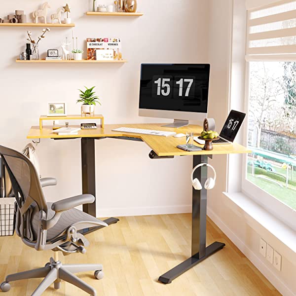 FEZIBO Dual Motor L-Shaped Electric Standing Desk, 48 Inches Height Adjustable Corner Desk, Full Sit Stand Home Office Table with Splice Board, Black Frame/Rustic Brown Top