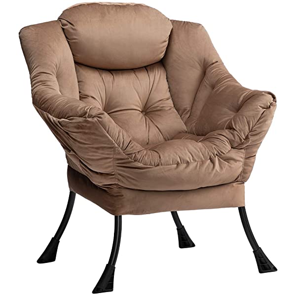 AbocoFur Modern Large Cotton Fabric Lazy Chair,Accent Contemporary Lounge Chair, Single Steel Frame Leisure Sofa Chair with Armrests and A Side Pocket, Beige