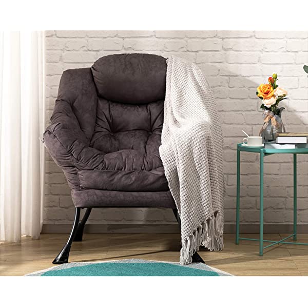 AbocoFur Modern Large Cotton Fabric Lazy Chair,Accent Contemporary Lounge Chair, Single Steel Frame Leisure Sofa Chair with Armrests and A Side Pocket, Beige