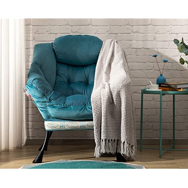 AbocoFur Modern Large Cotton Fabric Lazy Chair,Accent Contemporary Lounge Chair, Single Steel Frame Leisure Sofa Chair with Armrests and A Side Pocket, Beige