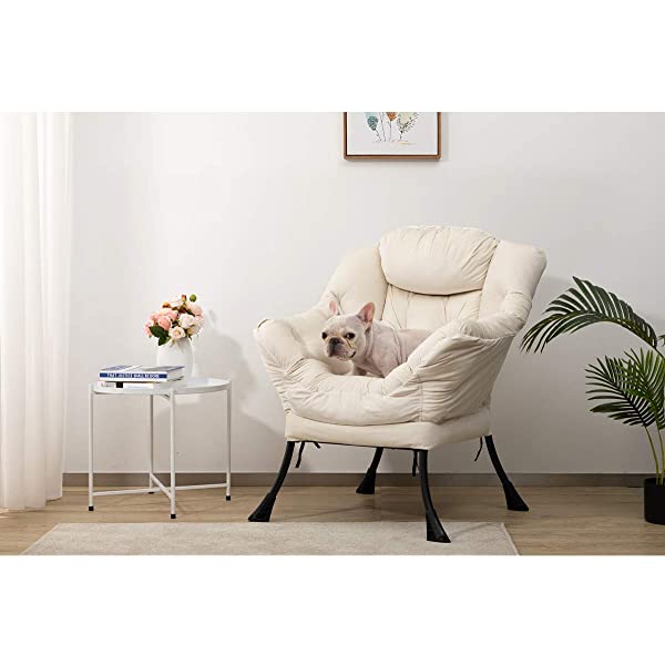 AbocoFur Modern Large Cotton Fabric Lazy Chair,Accent Contemporary Lounge Chair, Single Steel Frame Leisure Sofa Chair with Armrests and A Side Pocket, Beige