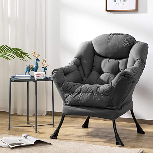 AbocoFur Modern Large Cotton Fabric Lazy Chair,Accent Contemporary Lounge Chair, Single Steel Frame Leisure Sofa Chair with Armrests and A Side Pocket, Beige