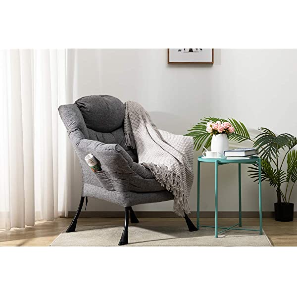 AbocoFur Modern Large Cotton Fabric Lazy Chair,Accent Contemporary Lounge Chair, Single Steel Frame Leisure Sofa Chair with Armrests and A Side Pocket, Beige