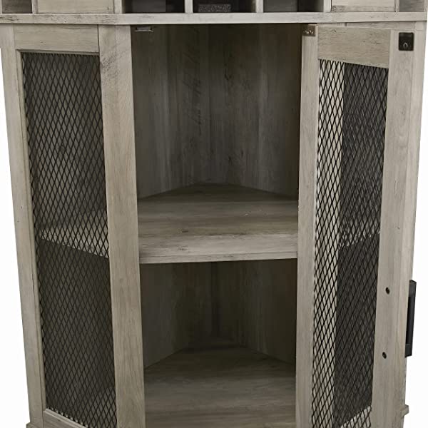 Home Source Stone Grey Corner Bar Unit with Built-in Wine Rack and Lower Cabinet