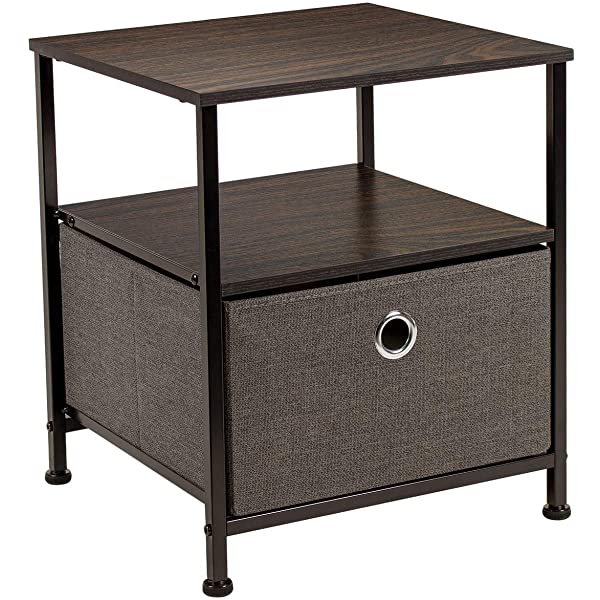Sorbus Nightstand 1-Drawer Shelf Storage- Bedside Furniture & Accent End Table Chest for Home, Bedroom, Office, College Dorm, Steel Frame, Wood Top, Easy Pull Fabric Bins (Rustic Wood)