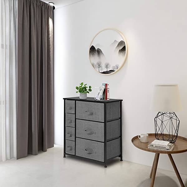 7 Drawers Dresser - Furniture Storage Tower Unit for Bedroom, Hallway, Closet, Office Organization - Steel Frame, Wood Top, Easy Pull Fabric Bins Gray/White Gray / White