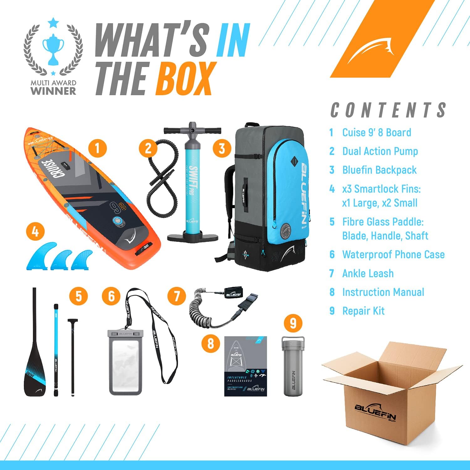 Bluefin Cruise SUP Inflatable Stand Up Paddle Board | Premium Paddleboard Accessories | Multiple sizes: Kids, 9'8, 10'4, 10’8, 12’, 15'