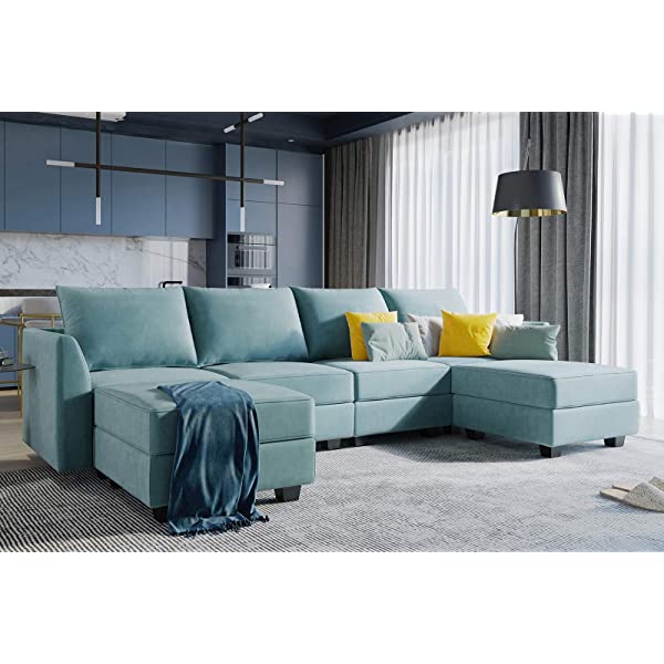 HONBAY Convertible Sectional Sofa U Shaped Couch with Reversible Chaise Modular Oversized Couch Sectional Sofa with Ottomans, Aqua Blue U Shape Sofa-1 Blue