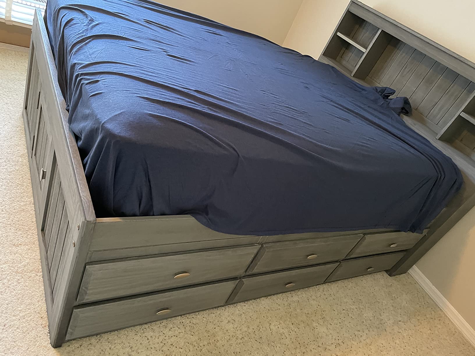 【Furniture】Charcoal Full Bookcase Bed with 12 Drawers