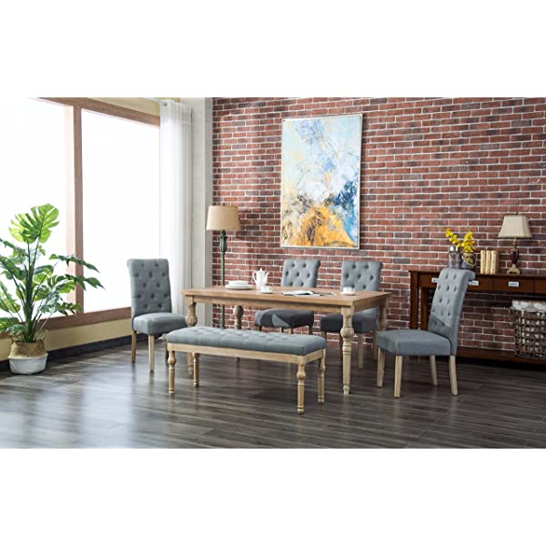 Roundhill Furniture Habitanian 6-Piece White Wash Dining Set with Tufted Chairs and Bench, Beige