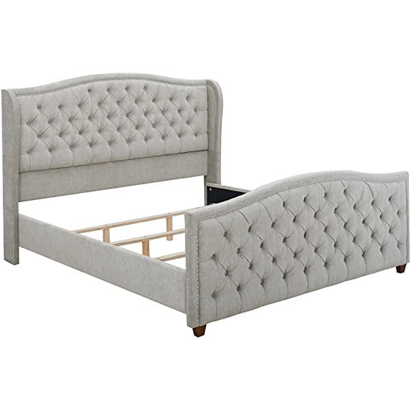 Jennifer Taylor Home Marcella Collection Queen Wingback Tufted Hand-Applied Nail Heads Upholstered Bed, Antique White Antique White Queen